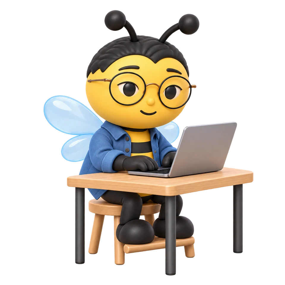 A matte 3D bee coding at a laptop