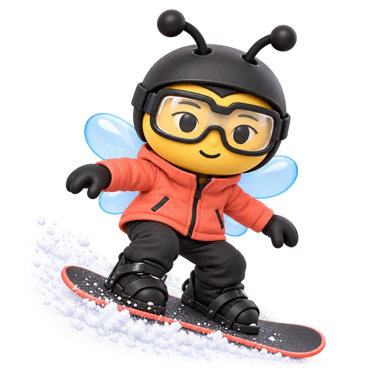 A matte 3D bee snowboarding down a slope